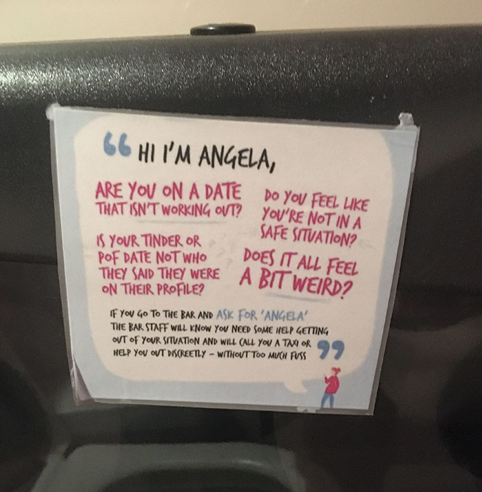 Sign in a bar explaining the discreet "Ask for Angela" safety program for customers on uncomfortable dates, bars and restaurants ideas.