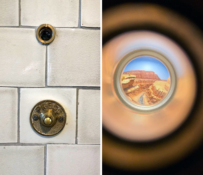 The Bathroom Of A Coffee Shop I Frequently Visit Has A Peephole In The Wall. I Pressed The Button And Looked Through To See The Little Scene On The Right