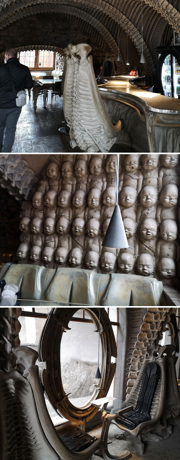 Unique bar interior design featuring skeletal and doll-themed decor, showcasing brilliant ideas in bars and restaurants.