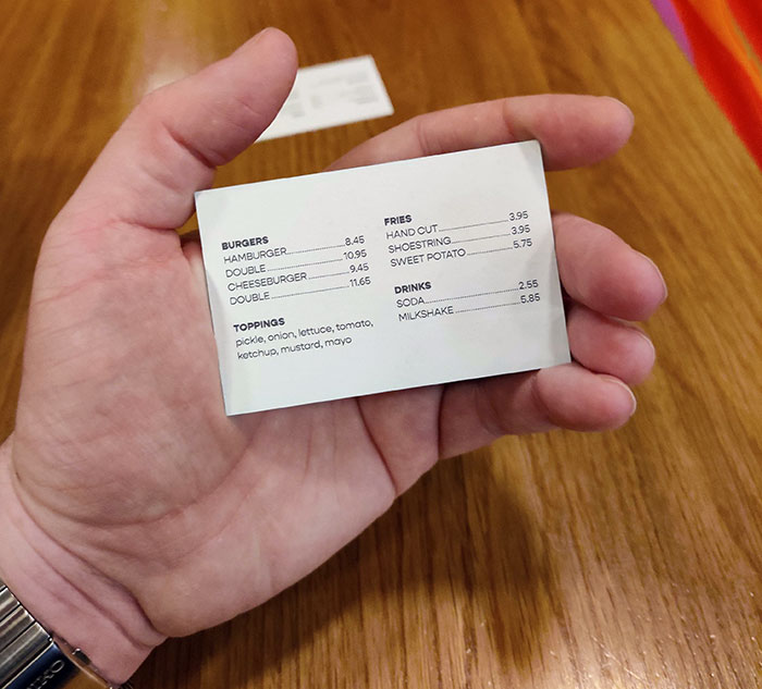 This Restaurant Prints Their Very Short Menus On Business Cards