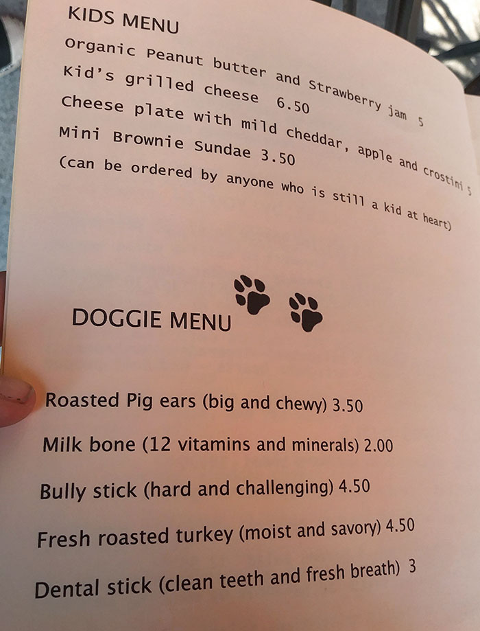 Kids and doggie menu at a bar and restaurant offering unique food options in innovative dining experience.