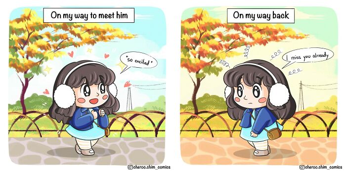 Comic about relationships: A girl excited going to meet someone, then missing them on her way back.