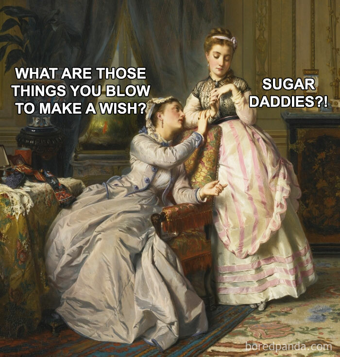 Humorous classical art meme with two women, one asking about things blown to make a wish.