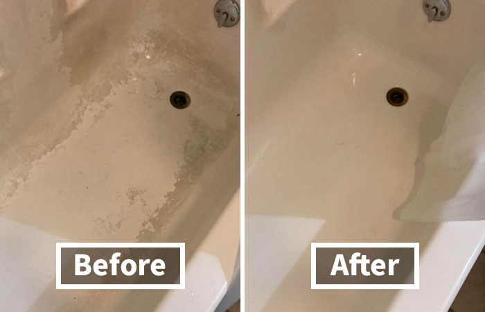 Side-by-side image showing before and after bathtub cleaning, highlighting trending virtual products in the Pandaverse.