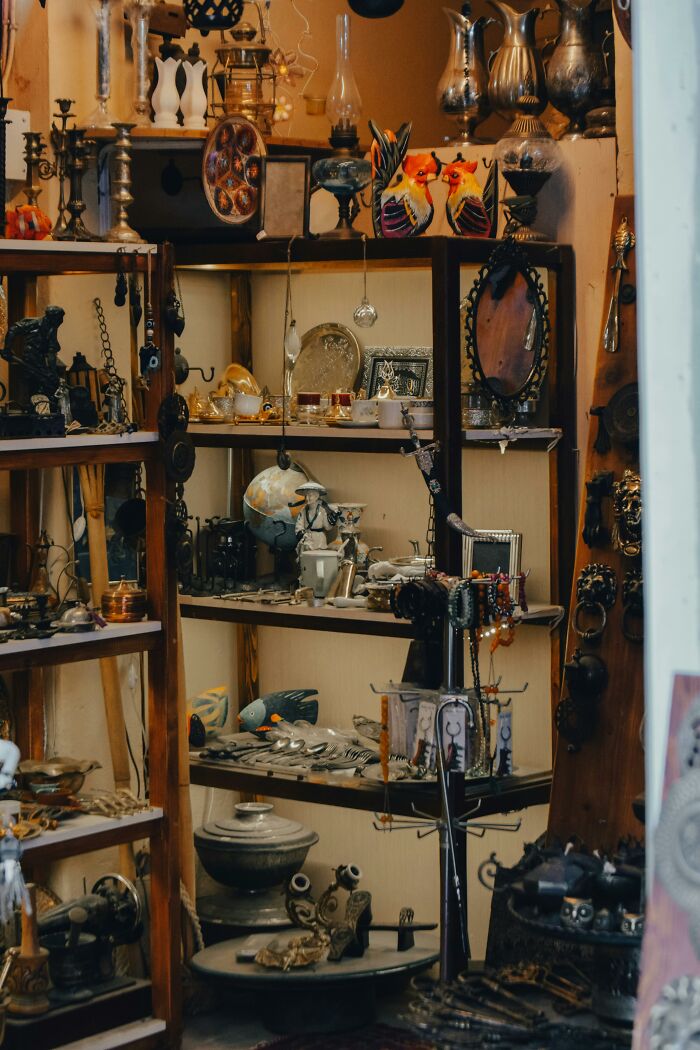 Vintage items and antiques displayed on shelves in a thrift store, showcasing frugal wins and money-saving finds.