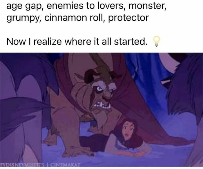 Disney meme with the Beast protecting Belle, referencing tropes like enemies to lovers and protector.