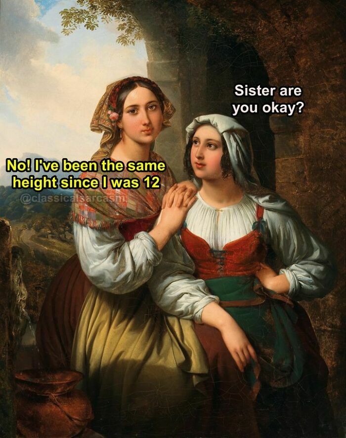 Two sisters in a painting with text overlay creating a relatable meme about height.