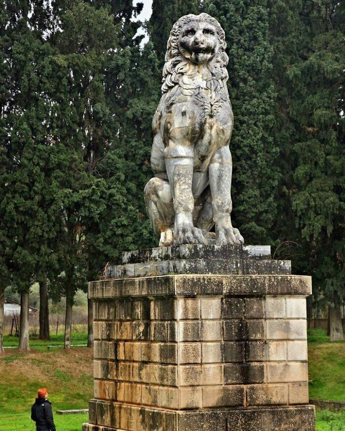 The 6m Tall Lion Of Chaeronea In Greece, Erected In 338 Bc
