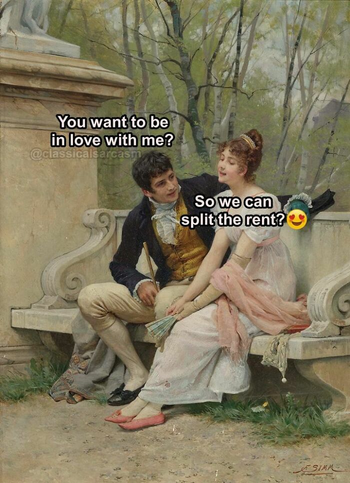Couple in a classical painting with text overlay, creating a relatable meme about love and splitting rent.