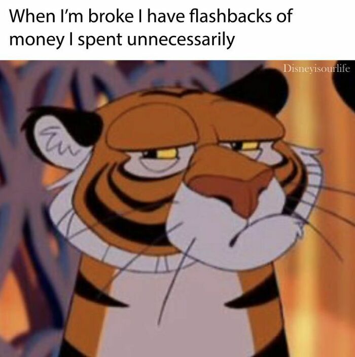 A skeptical cartoon tiger with text about regretting unnecessary spending, perfect for Disney adults who enjoy memes.