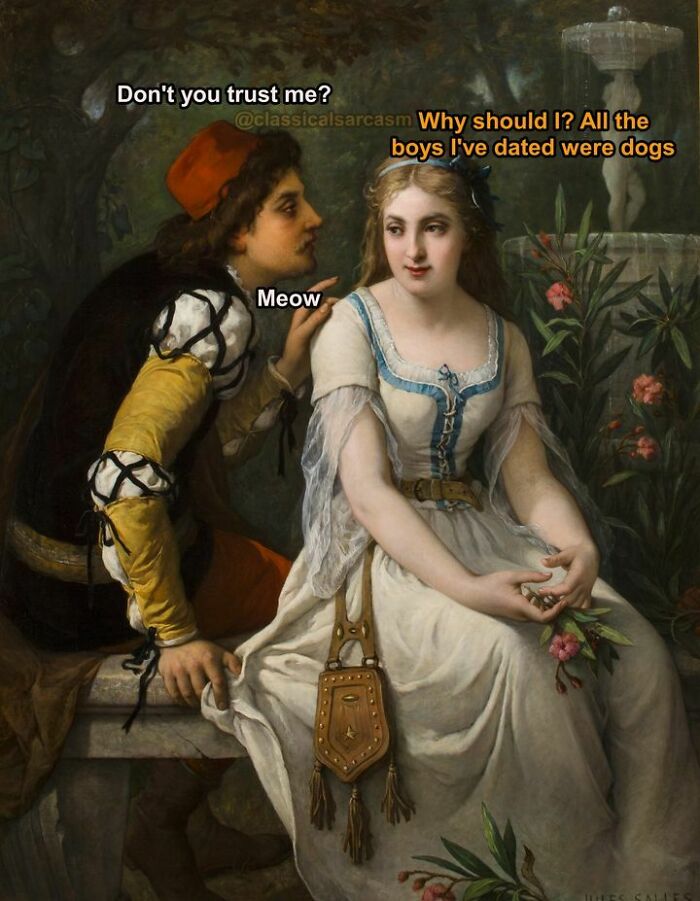 Painting of a medieval couple with humorous text overlay, creating a relatable meme.