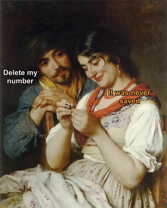 A classical painting with text overlay, humorously making it a relatable meme.