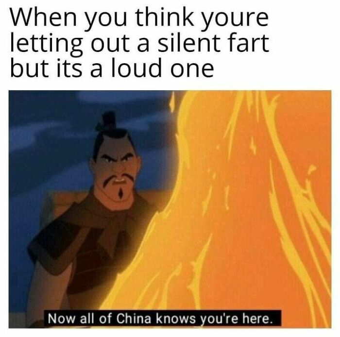 Disney meme with a caption about silent farts featuring a character by a fire.