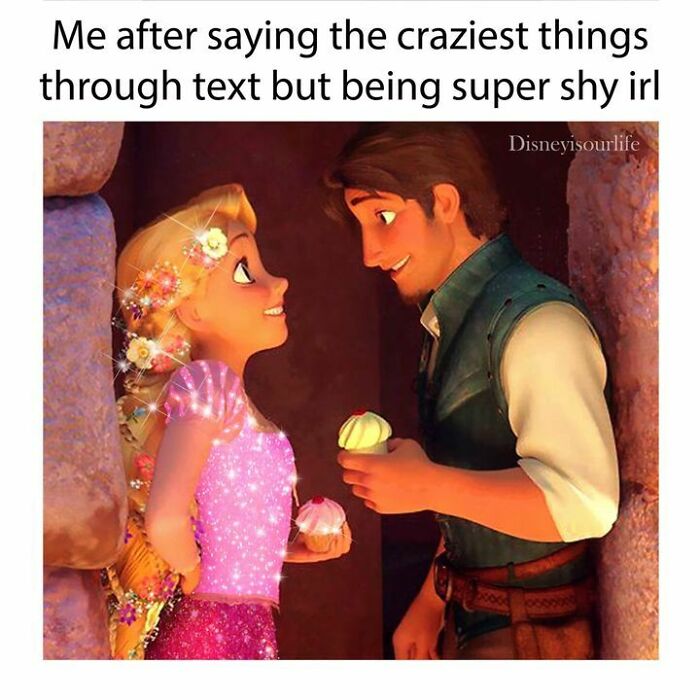 Disney adult meme with animated characters shyly exchanging cupcakes.