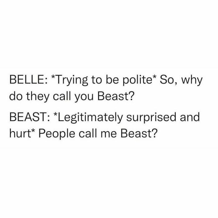 Funny Disney meme with Belle and Beast sharing a humorous exchange about his name.