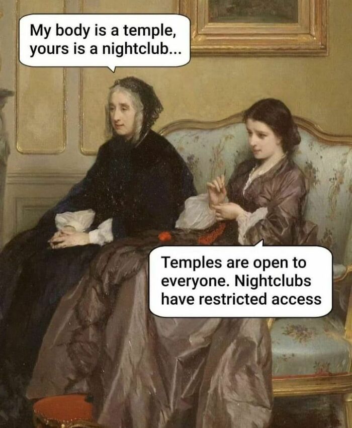 Two women in a classical painting exchange witty remarks; a relatable meme masterpiece.