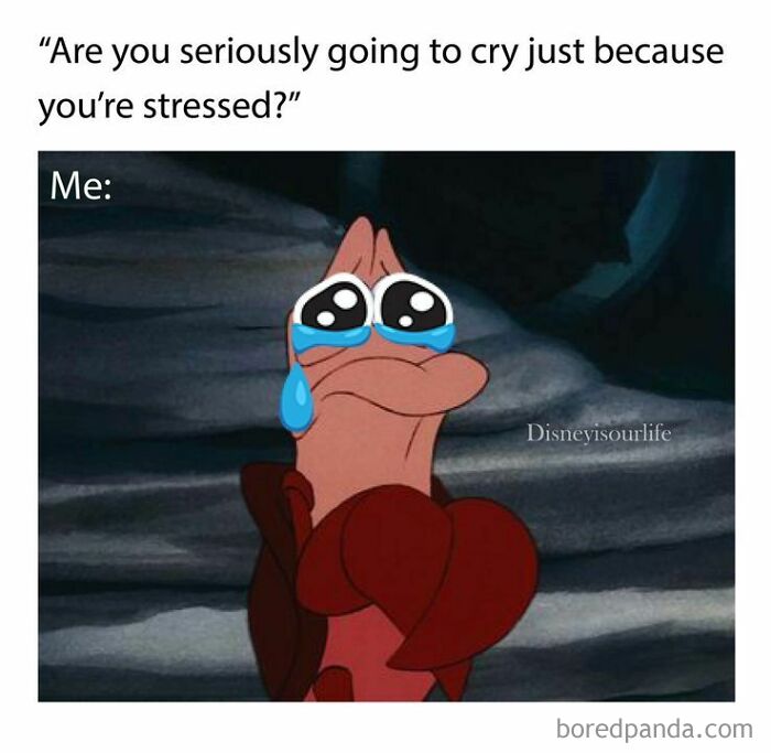 Sebastian the crab crying meme expressing stress, appealing to Disney adults and meme enthusiasts.