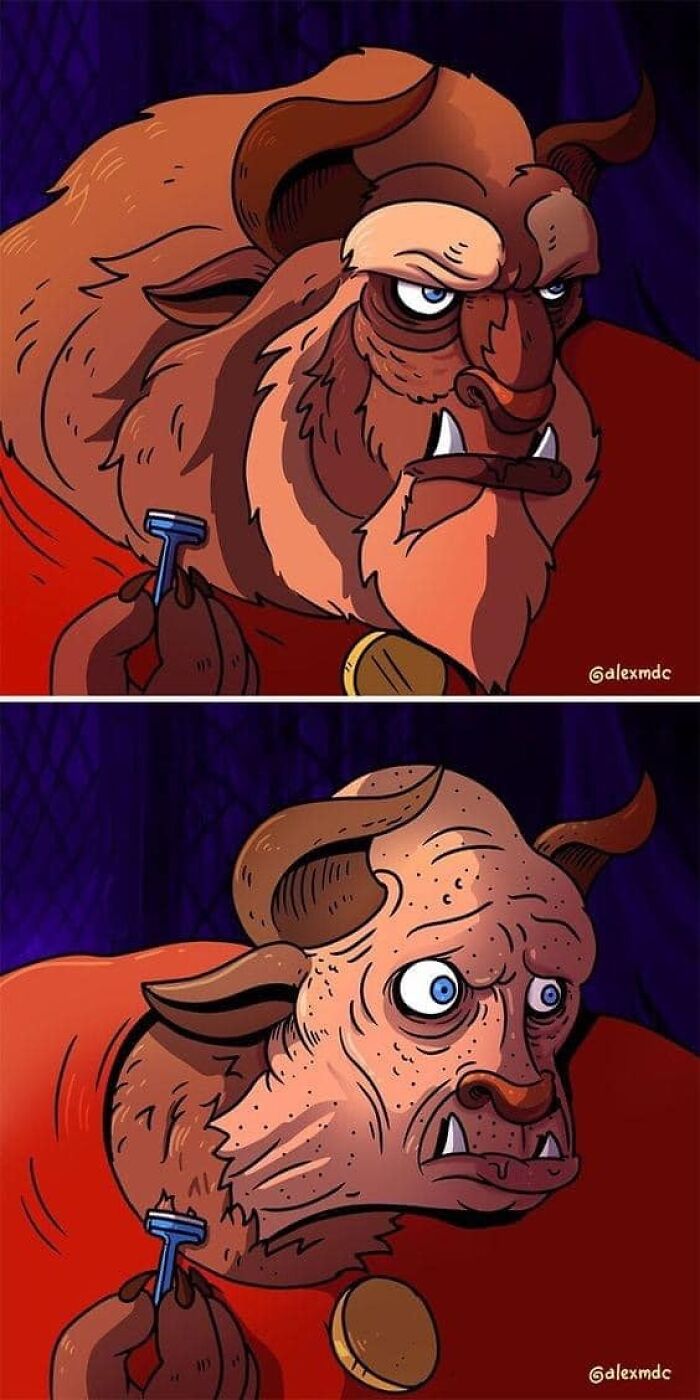 Disney meme of Beast shaving, surprised by his bare face after using a razor.