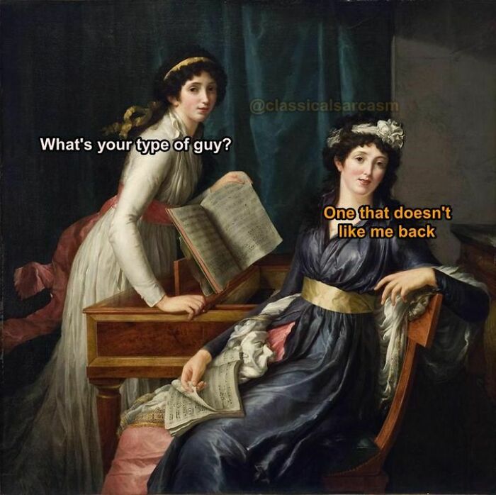 Vintage painting with text overlay becoming a relatable meme about unreciprocated love.