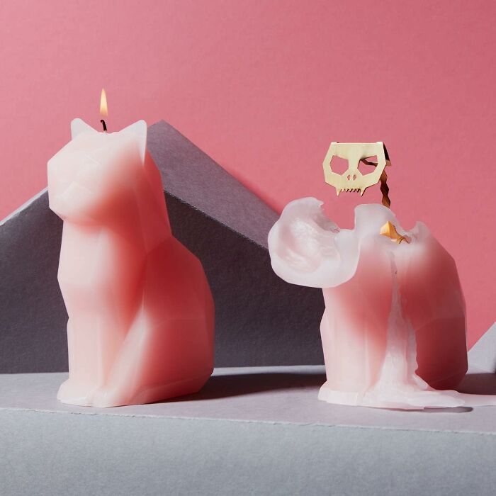 Two pink cat-shaped candles, one lit and intact, the other melted with a skull-shaped wick, showcasing borderline genius design ideas.
