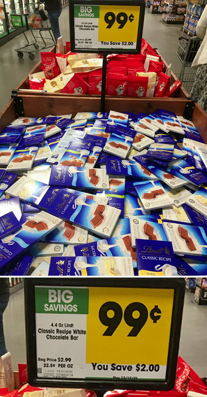 It Says 99 Cents For Lindt Chocolate, But The Fine Print Says It’s Only For The White Chocolate, Even Though They Mixed The Other Kinds In There Too