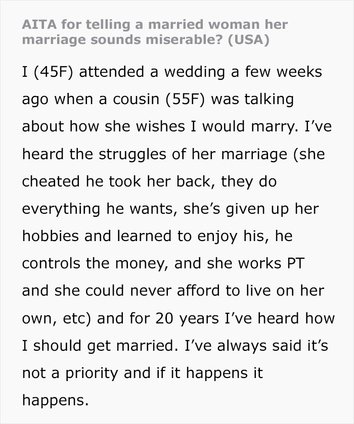 Family Drama Erupts As Single Woman Tells Married Cousin Her Life Sounds Miserable, Shocks Everyone