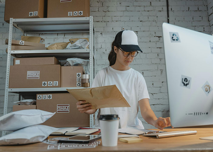 Young woman working with packages in a warehouse, experiencing unlikely events in a busy shipping environment.