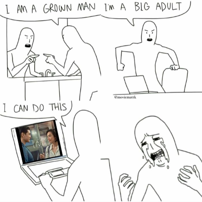 Minimalist comic showing a person confidently watching a movie then crying, highlighting funny movie memes that hit harder.