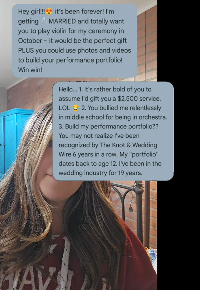 Violinist&rsquo;s Childhood Bully Asks Her To Play At Her Wedding For Free&mdash;She Gives Her A Reality Check