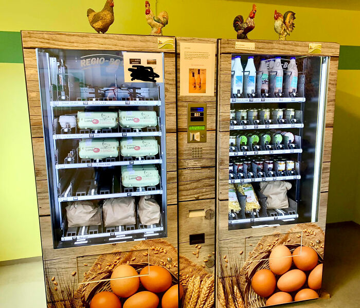 Farmer's Vending Machines In Germany Offering Fresh Eggs, Potatoes, Milk, Jams, Jarred Meats, And Noodles