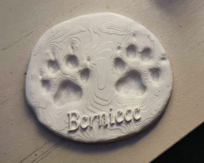 Pet paw prints on a clay plaque from a veterinarian's office labeled "Berniecc."