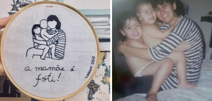 I Embroidered This Photo As A Mother’s Day Gift For My Mom. It’s Written "Mommy Is Strong!" In Portuguese