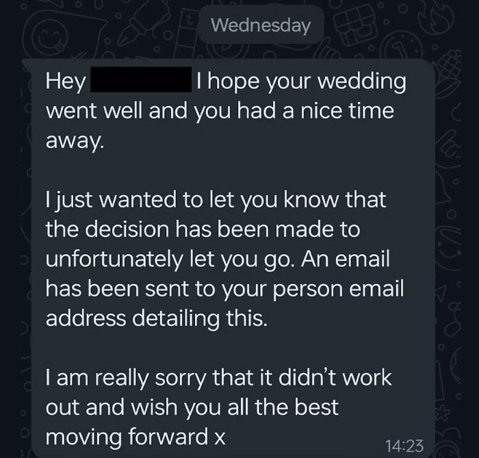 Bride Shocked To Receive A Message From Boss On Her Wedding Day Saying That She's Fired