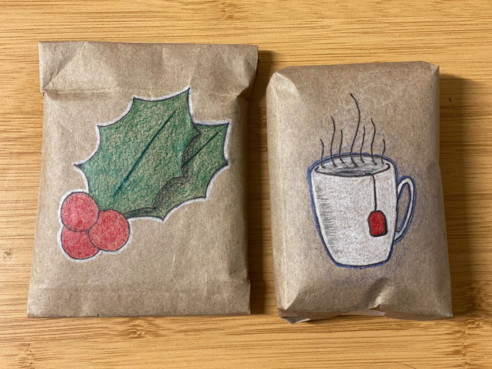 Holiday Wrapping Paper Made With Grocery Bags And Colored Pencils