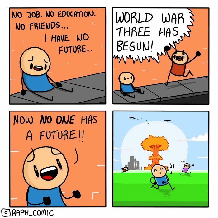 Comic panels showing dark humor as characters discuss having no future and World War Three beginning with an explosion in the background.