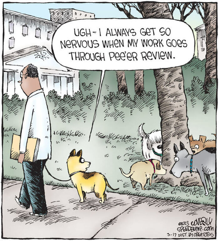 Cartoon from Dave Coverly’s Speed Bump showing dogs gossiping while owner worries about peer review.
