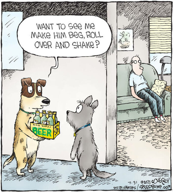 Dog holding beer offering to perform tricks to another dog in a humorous Speed Bump comic by Dave Coverly.