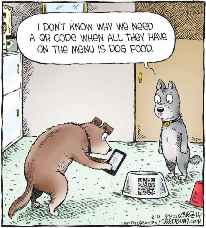 Two dogs looking at a QR code on a food bowl in a comic strip featuring everyday humor and hilarious animals.