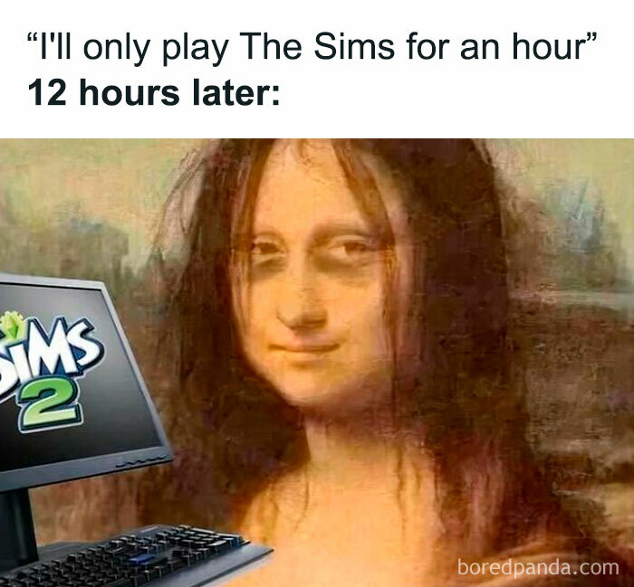 Mona Lisa with messy hair beside a Sims 2 computer, humorously depicting long gaming sessions.