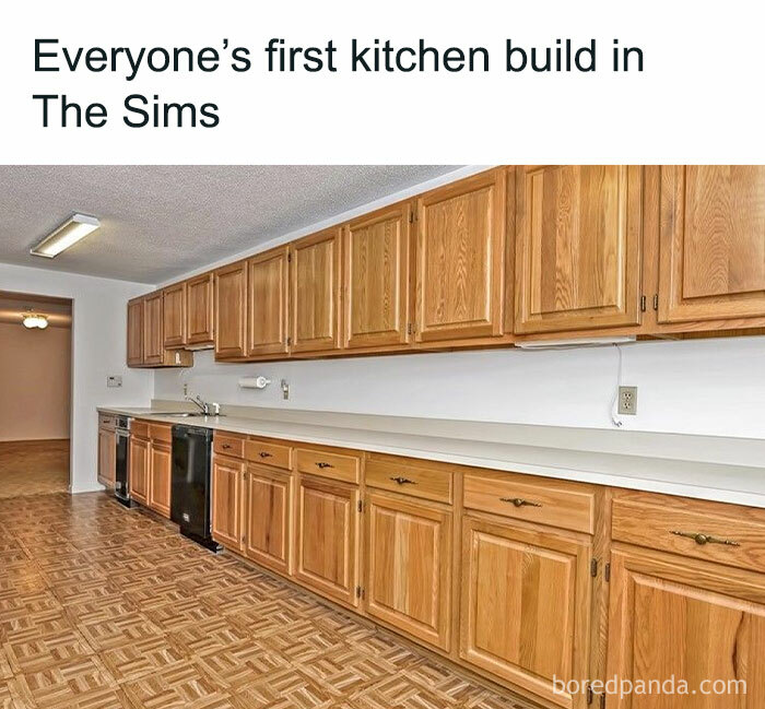 Basic wooden cabinets in a kitchen, humorously labeled as a beginner's Sims build.