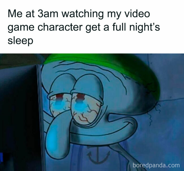 Cartoon character memes about staying up late while video game character sleeps.