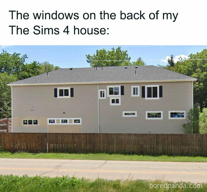Relatable meme showing a real house with unevenly placed windows, humorously compared to a Sims 4 house design.