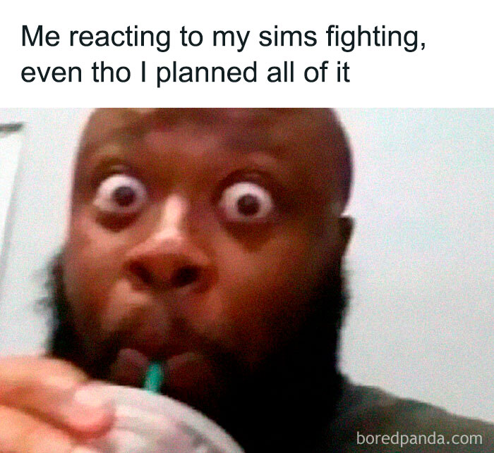 Man with a shocked expression sipping a drink; relatable Sims meme humor.