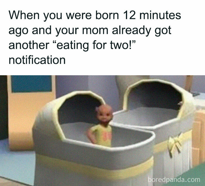 Baby in a crib with meme text about quick pregnancy notification, showcasing hilariously relatable memes.