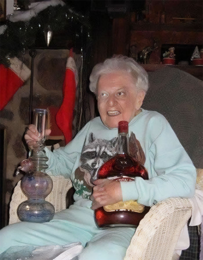 Elderly person holding a large bottle and glass bong, sitting in a chair, sharing the most cursed pics and memes vibe.