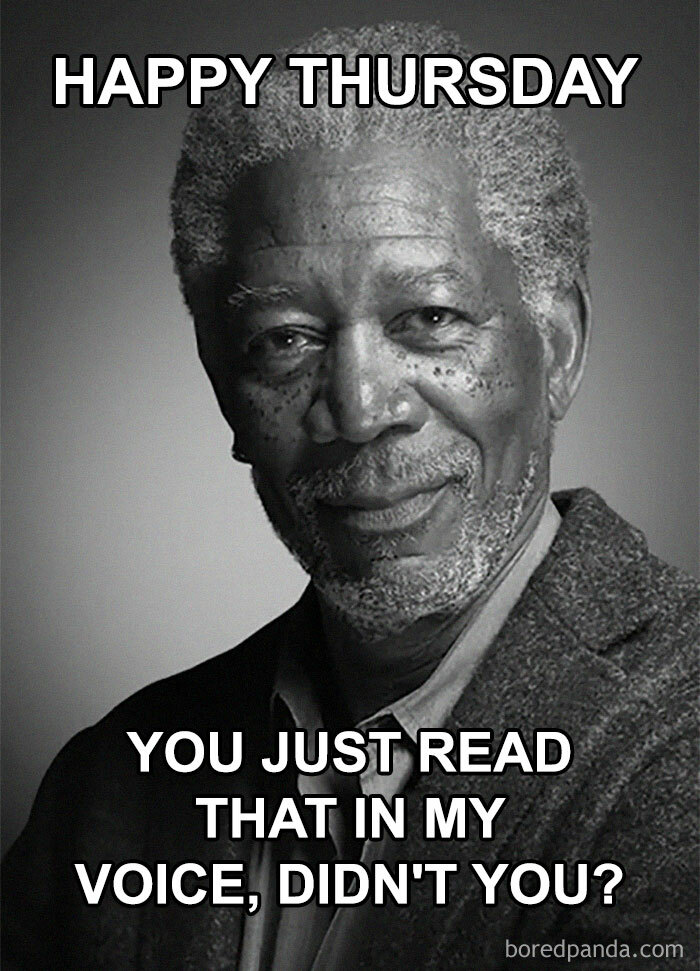 Happy Thursday meme featuring a man with gray hair and a beard, text saying you imagined his voice.