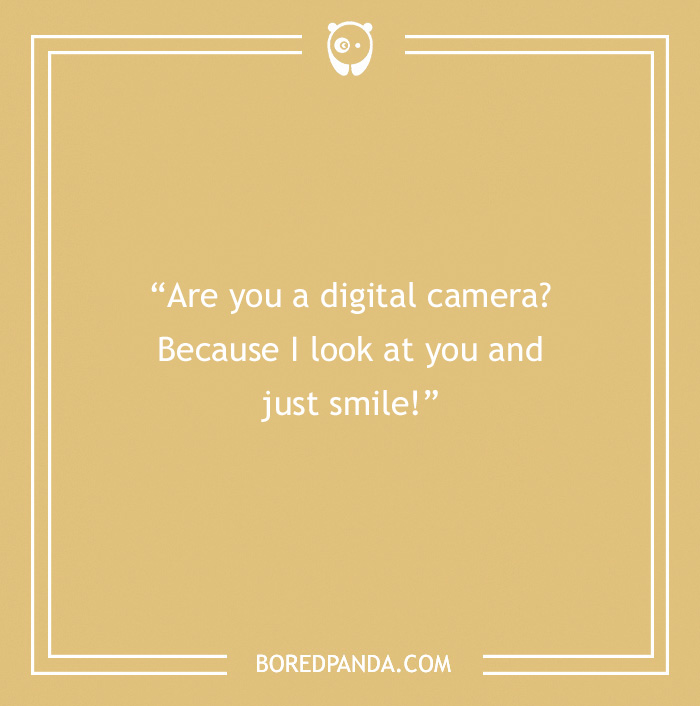 Rizz Lines on the yellow banner with a text - “Are you a digital camera? Because I look at you and just smile!” Rizz Lines on the yellow banner with a text - “Are you a digital camera? Because I look at you and just smile!”