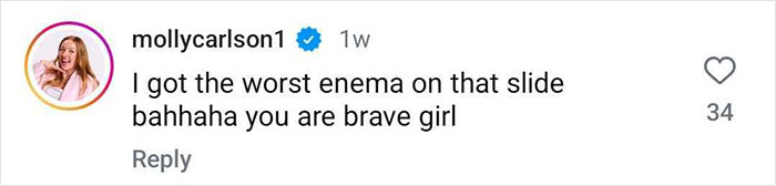 Comment on social media from user mollycarlson1 praising a thrill-seeking diver who jumps down an extreme waterslide despite the strict ban for women.