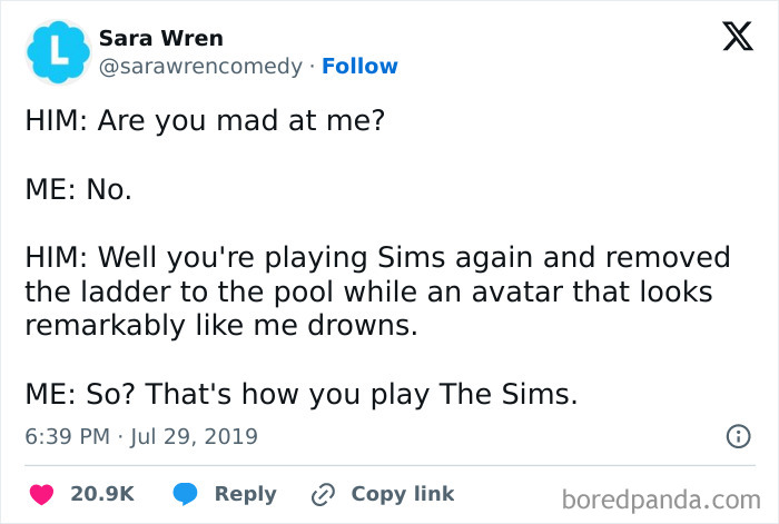 A relatable meme about playing Sims and removing the pool ladder, highlighting the game's humor.
