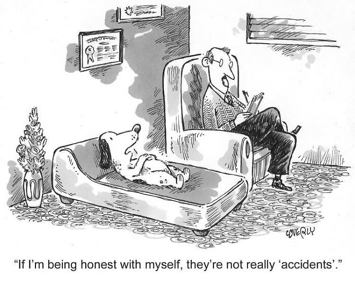 Cartoon from Dave Coverly’s Speed Bump shows a dog lying on a couch talking to a therapist with everyday humor.